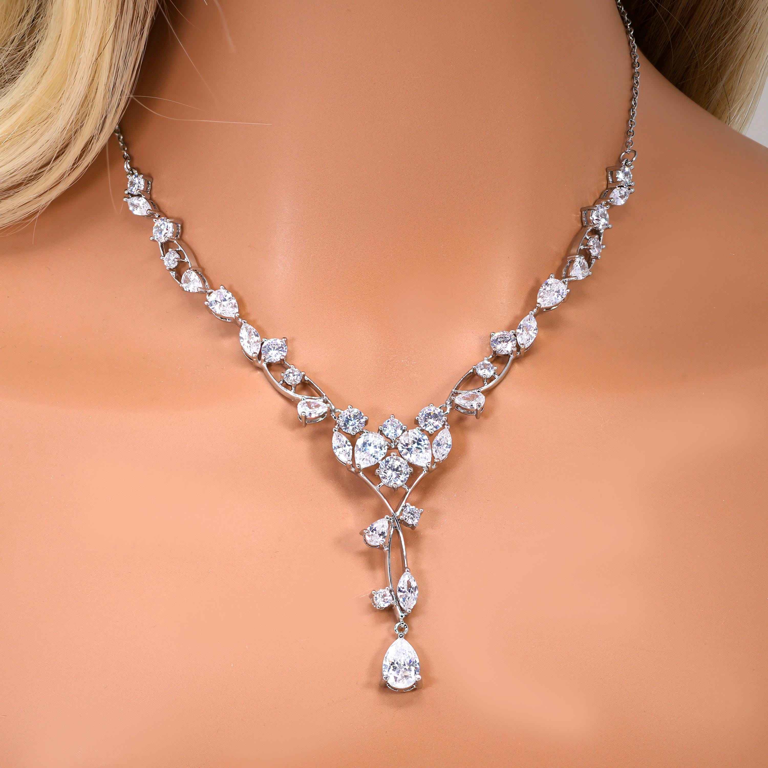CZ Elegant Crystal Cascade Bridal Jewelry Set: Wedding Jewelry, Vine Necklace and Earrings