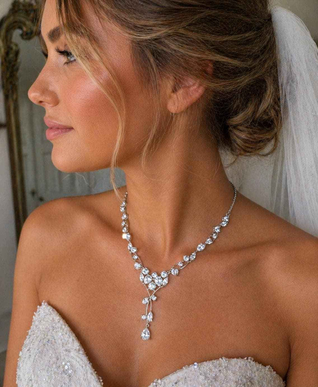 CZ Elegant Crystal Cascade Bridal Jewelry Set: Wedding Jewelry, Vine Necklace and Earrings
