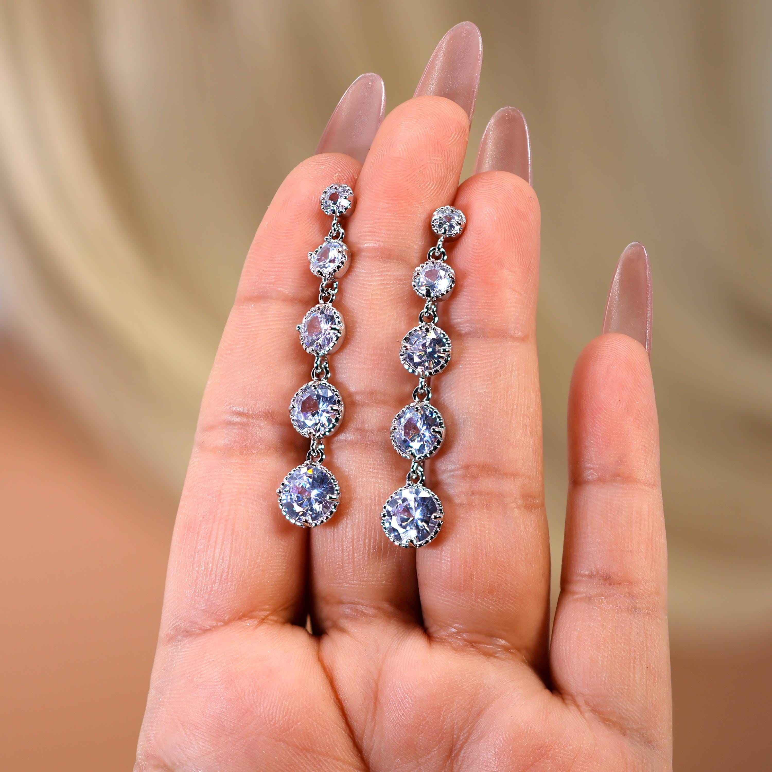 Bezel Drop CZ Diamond earrings, Tassel Bridal Jewelry Bridal Earrings Crystal Bridal Earrings Statement earrings Cz