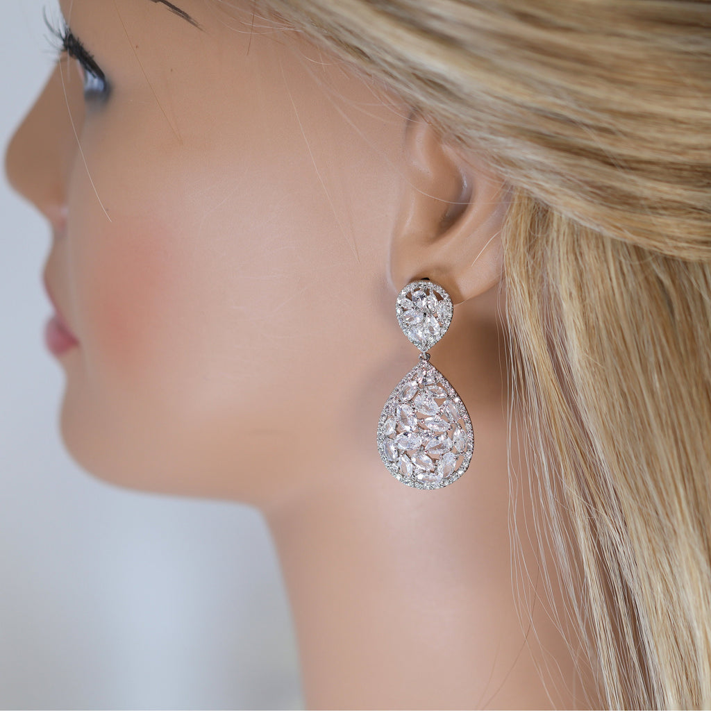 Swarovski Crystal Tear drop Galaxy Earrings, Bridal Jewelry, Bridal Earrings, Crystal Bridal Earrings, Statement Earrings Cz