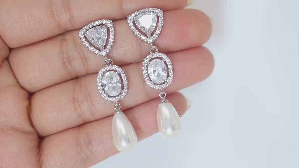 Elegant Pearl Drop Brilliance: Swarovski Crystal-Embellished Bridal Earrings, Statement Earrings Cz