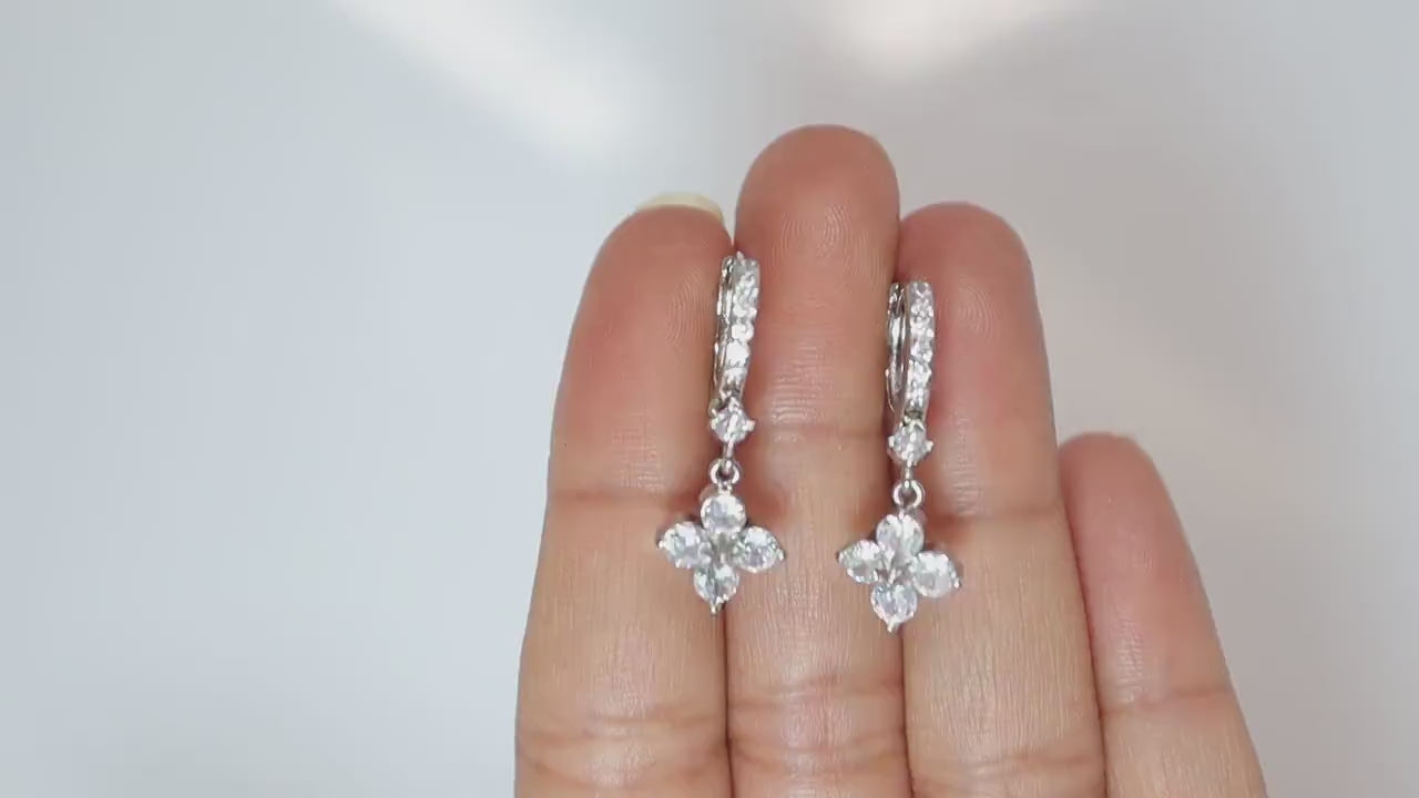 CZ Four Leaf Clover Drop Hoop Earrings, Swarovski Crystal Earrings, Statement Earrings, Rhinestones Hoop Earrings.