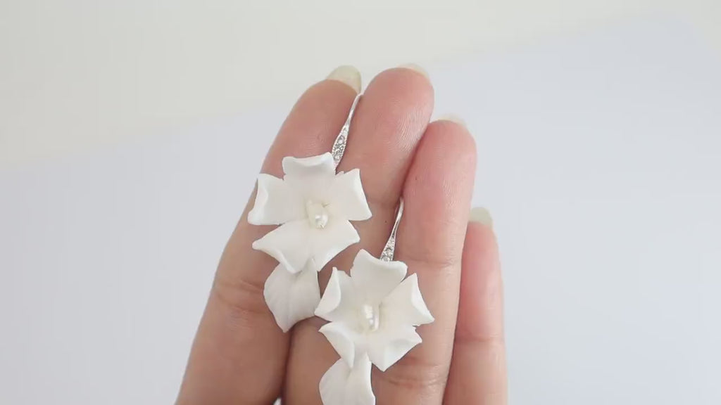 Freshwater Cultured Pearl Ceramic White Flower Hook Rhinestone Earrings, Long Bridal Earring, Pearl Bridal Earrings, Statement Earrings.