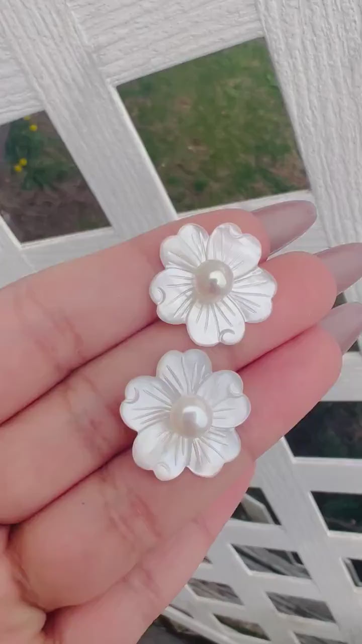 Natural Freshwater Pearls With Mother Of Pearl Carved Flower Earrings, Bridal Jewelry Bridal Stud Earrings Pearl Stud Statement Earrings