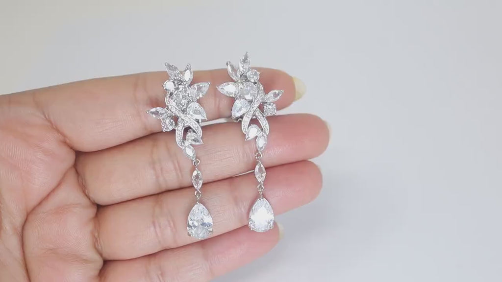 Swarovski Whimsical Garden Blooms: Clip-On Floral Earrings with Swinging Drops, Crystal Bridal Earrings, Statement Earrings Cz