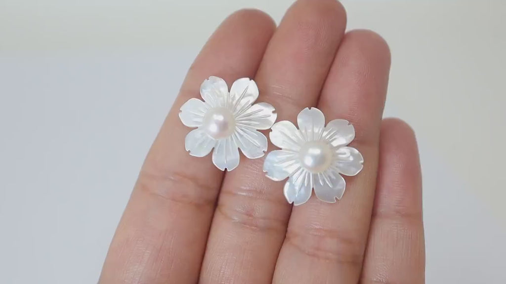 2 in1 Natural Freshwater Pearls With Mother Of Pearl Carved Flower Earrings, Bridal Stud Earrings Pearl Stud Statement Earrings