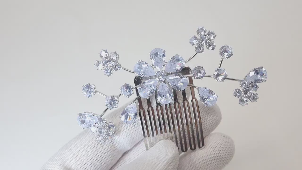 Cubic Zirconia, Charismatic Teardrop Floral  Bridal Hair Comb, Bridal Hair Accessories, Wedding Hair Accessory, Bridal Hair Comb.