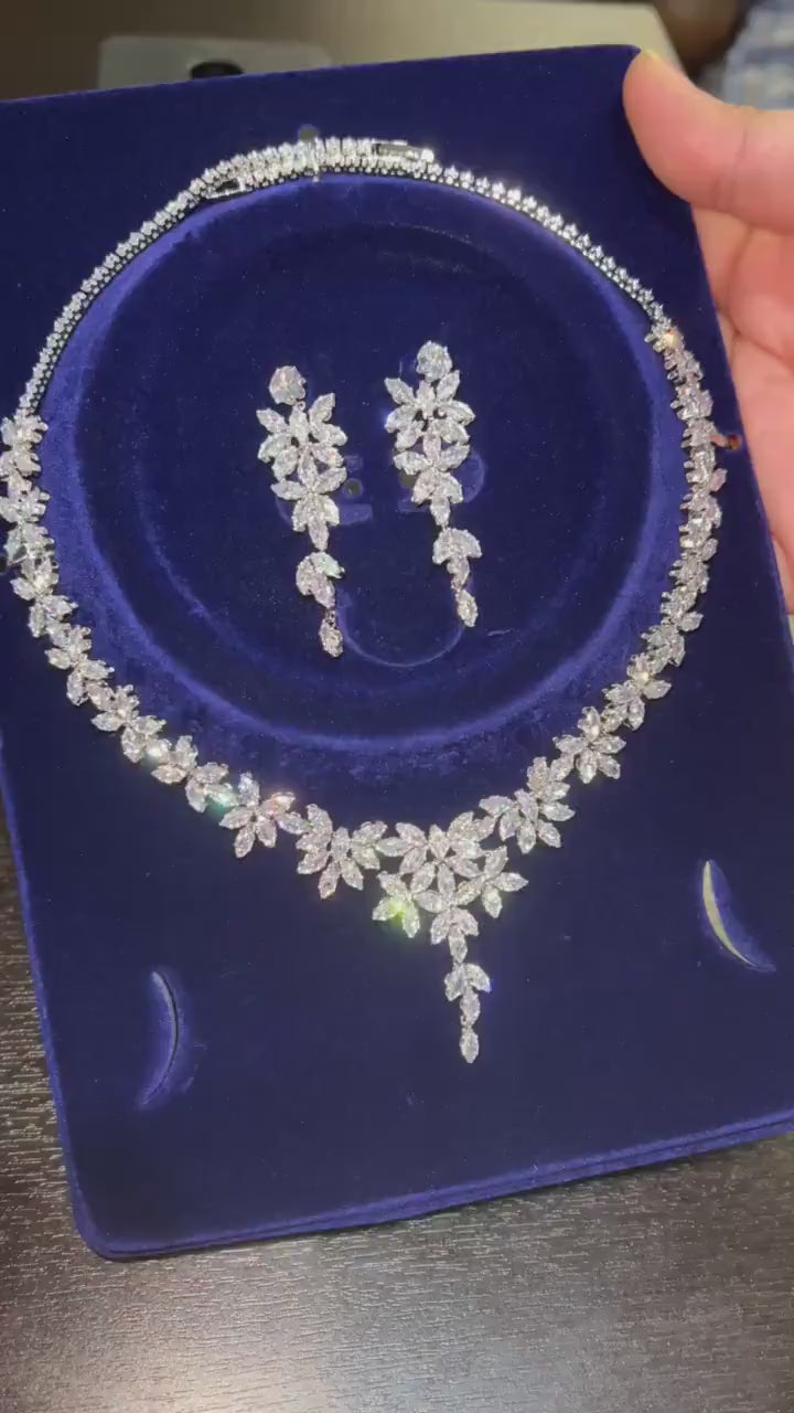 Diamond/ Swarovski Crystal Elegant Floral Vine Drop Necklace Set, Long Bridal Jewelry Set, Crystal Bridal Earrings, Statement Earrings