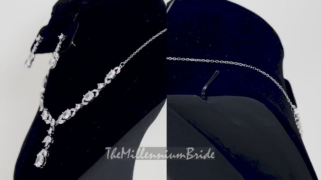 Dainty Leaves Drop Necklace, Long Bridal Jewelry, Bridal Earrings And Necklace, Statement Earrings Cz Necklace Set.