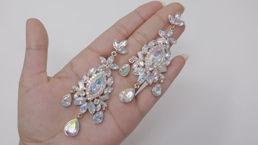 Swarovski AB Crystal Rainbow Bride Earrings, Long Bridal Earrings, Crystal Bridal Earrings, Statement Earrings, Gold Bride Earring.