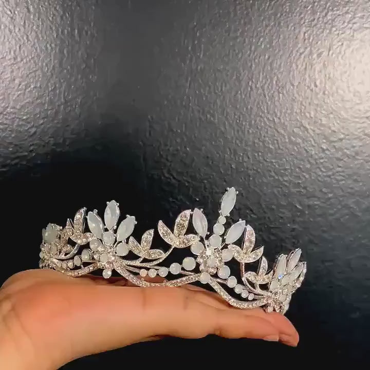 Swarovski Crystal Something Blue Opal Floral Leaves Tiara , Bridal Tiara, Crystal Wedding Tiara, Crystal Wedding Crown, Tiara Bride