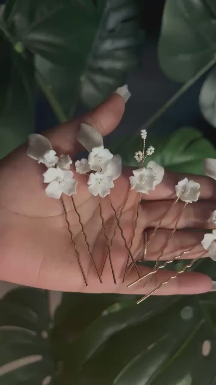 Set Of 5 Porcelain White Floral And Faux Pearl Elegance In Garden Hair Pins , Ceramic Hair pins Set, Bridal Hair Accessories