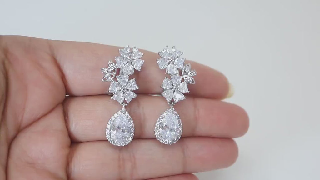 Opulent Flower Garden: Swarovski Crystal Bridal Clip On Drop Earrings with Diamond Details, Crystal Bridal Earrings, Statement Earrings Cz