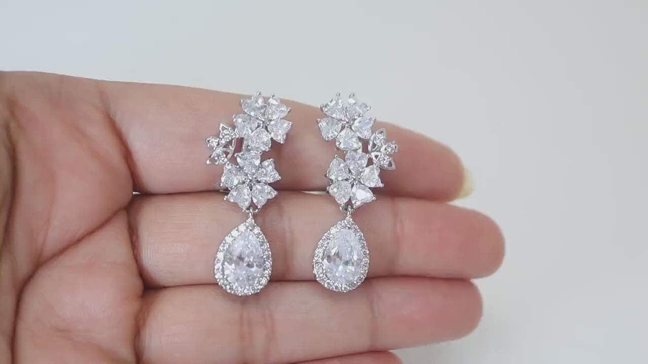 Opulent Flower Garden: Swarovski Crystal Bridal Clip On Drop Earrings with Diamond Details, Crystal Bridal Earrings, Statement Earrings Cz