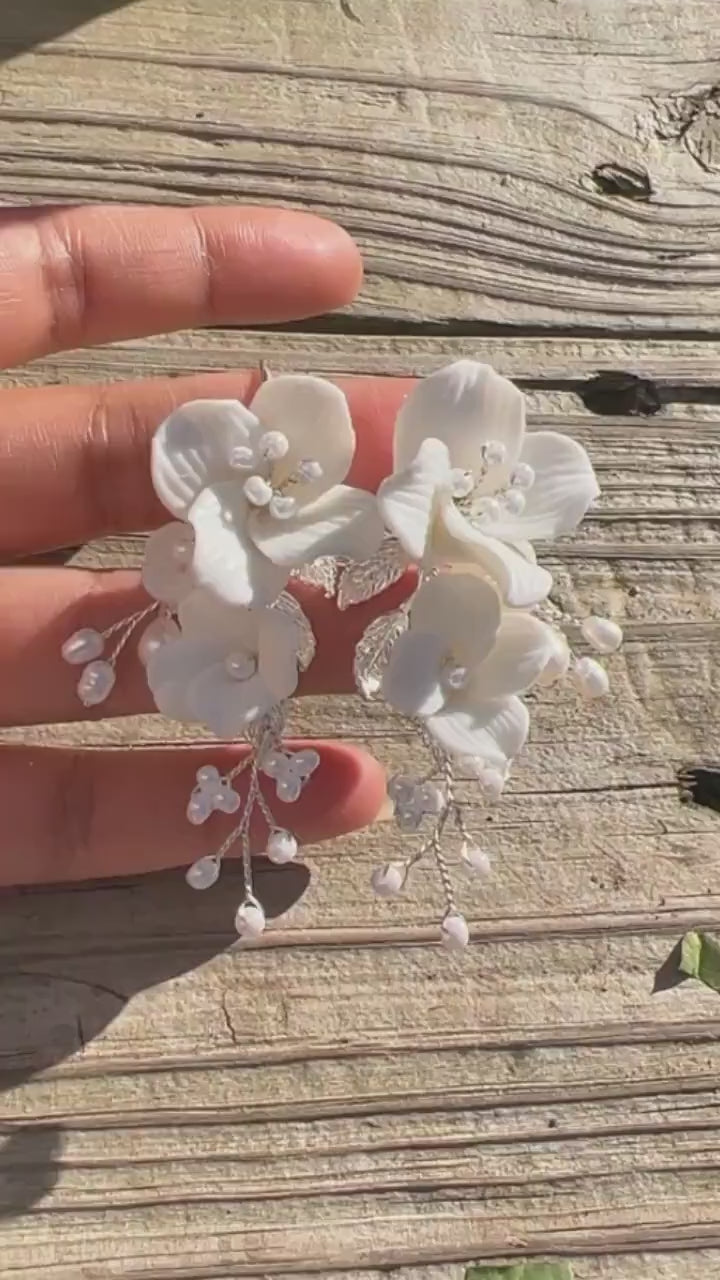 Natural Cultured Freshwater Pearl White Flower Necklace Set, Long Bridal Jewelry Pearl Bridal Earrings and Necklace Statement Earrings