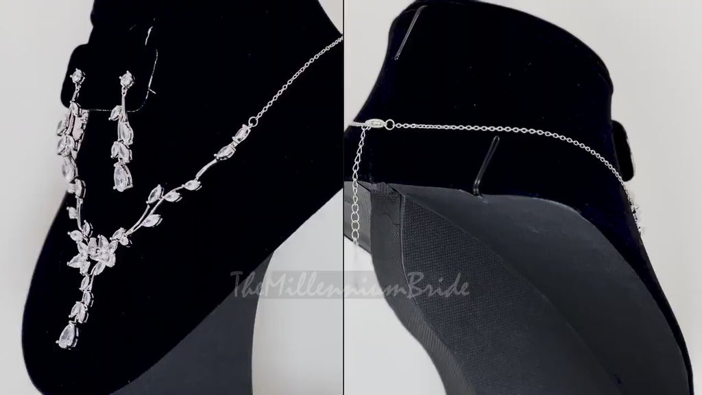 Swarovski Crystal Flower Vine Leaves Necklace, Long Bridal Jewelry, Bridal Earrings And Necklace, Statement Earrings Cz Necklace Set.