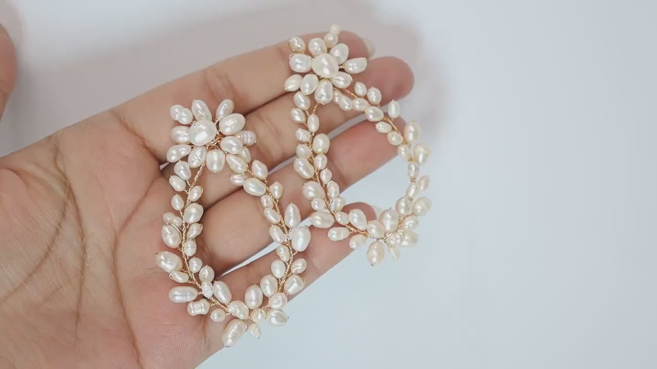 Luxurious Gold Freshwater Cultured Pearl Hoop Earrings , Long Bridal Jewelry, Real Pearl Bridal Earrings, Statement Earrings.