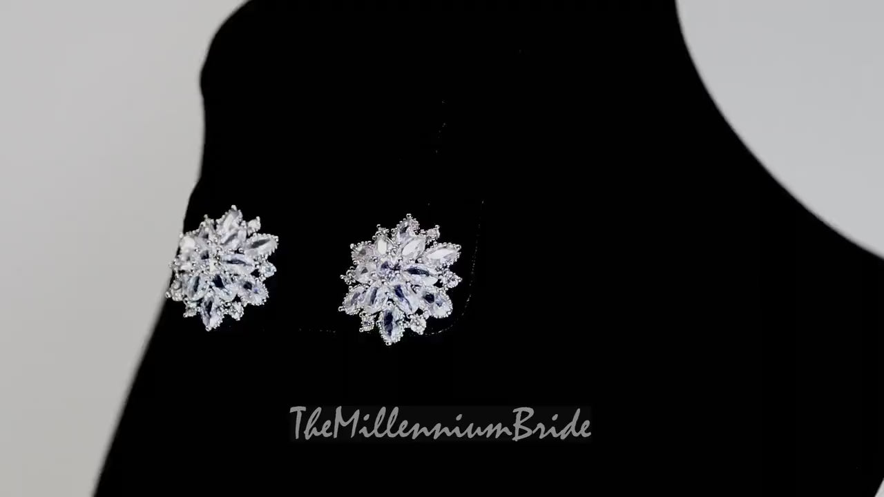 Cubic Zirconia Diamond Flower Leaves stud  Earrings, Bridal Jewelry, Bridal Stud Earrings, Crystal Bridal Earrings, Statement Earrings Cz