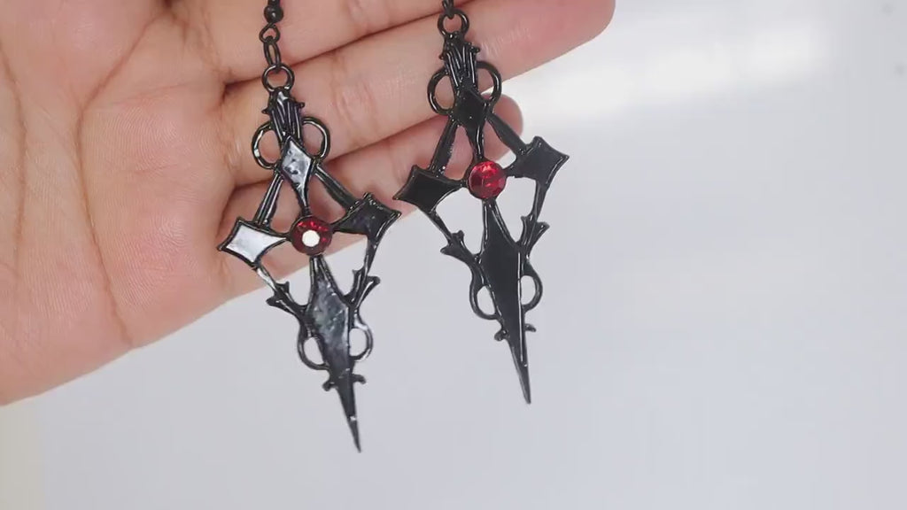 Rhinestone Red Black Cross Halloween Earrings, Long Cross Halloween Earrings, Scary Statement earrings.