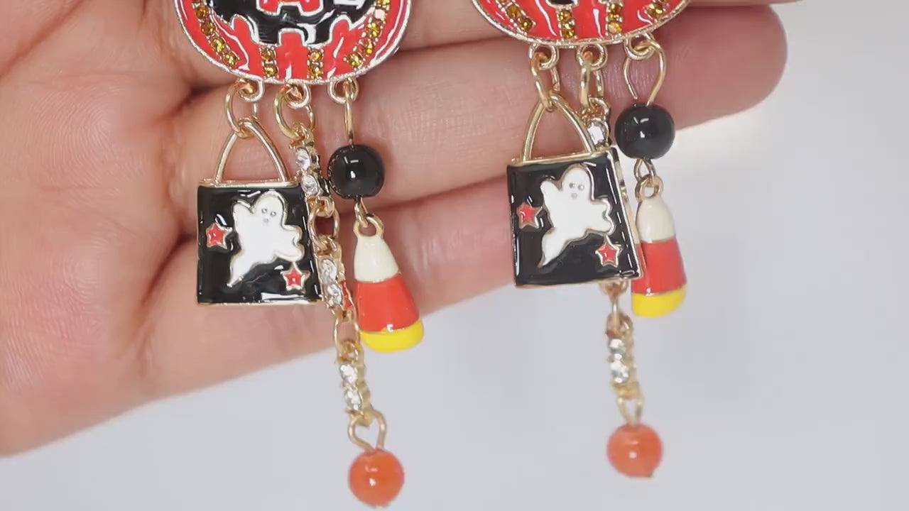 Spooky Ghost Drop Pumpkin Specter Sparklers Halloween Earrings, Long Halloween Earrings, Scary Statement earrings.