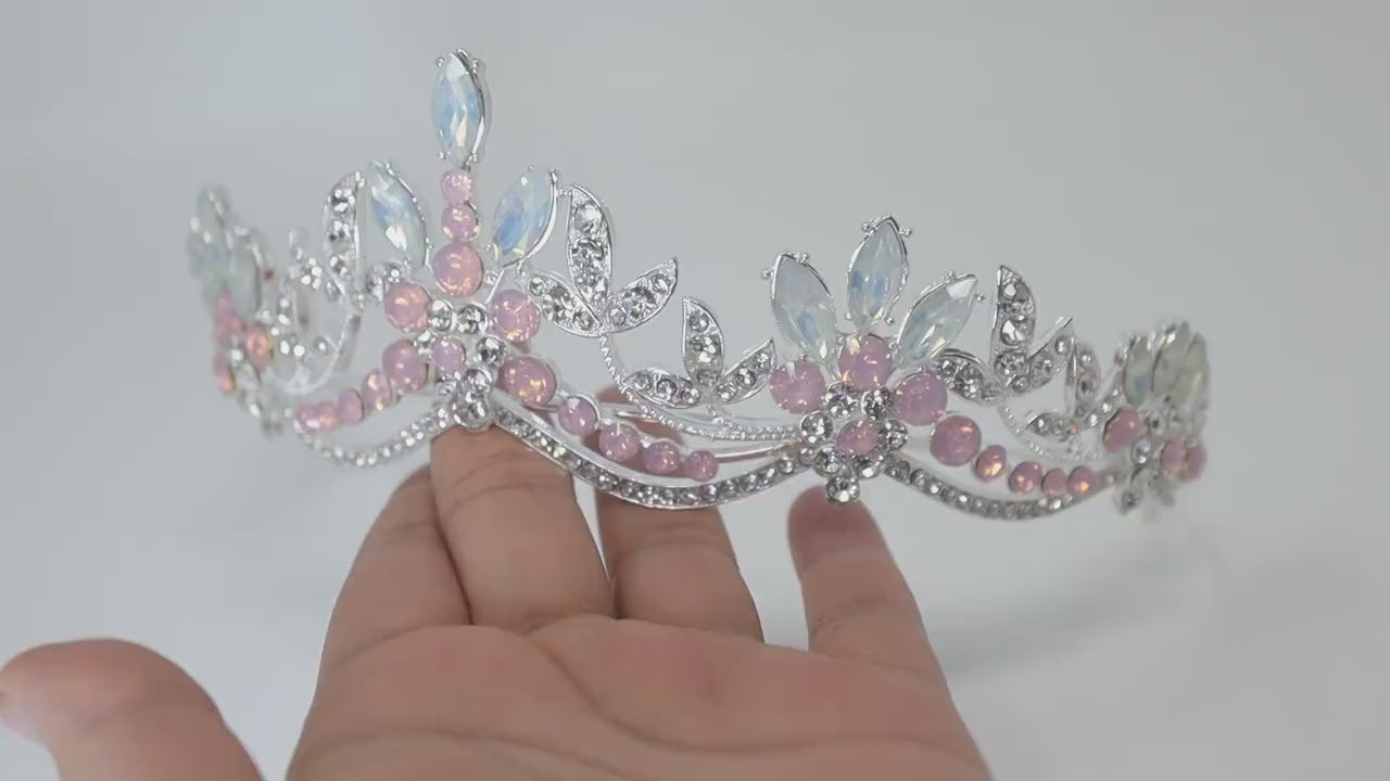 Swarovski Crystal Something Blue Opal And Pink Floral Leaves Tiara , Bridal Tiara, Crystal Wedding Tiara, Crystal Wedding Crown, Tiara Bride