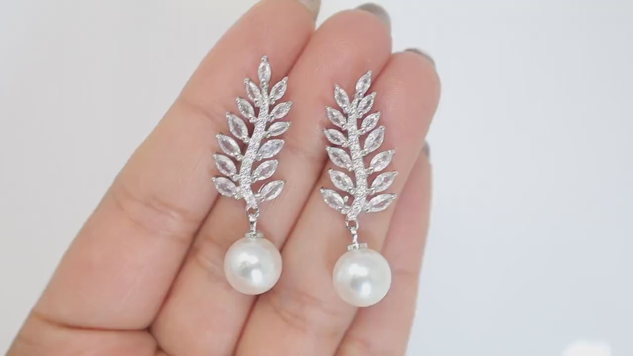 Shimmering Crystal Adorned: Vine Leaves Pearl Drop Bridal Earrings, Crystal Bridal Earrings, Statement Earrings Cz