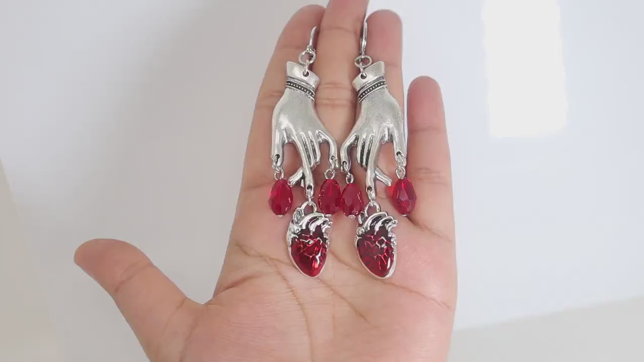 Bloody Red heart In Hands Halloween Earrings, Long Halloween Earrings, Scary Statement earrings.