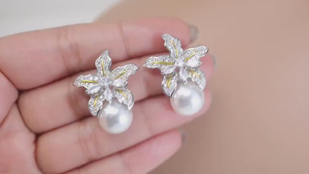 Majestic Starfish Treasures: Swarovski Silver Gold Starfish Holding Pearl Stud Earrings for Brides, Bridal Earrings, Statement Earrings Cz
