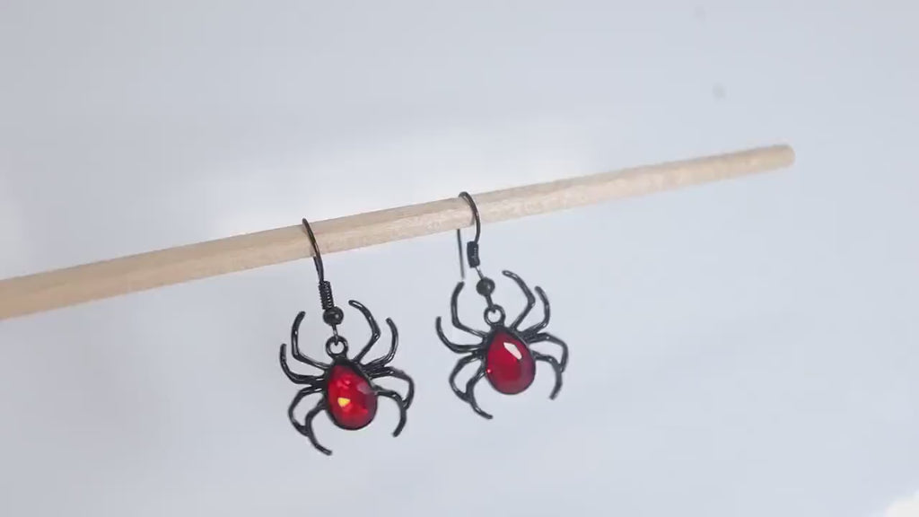 Rhinestone Red Black Spider Halloween Earrings, Long Halloween Earrings, Scary Statement earrings.