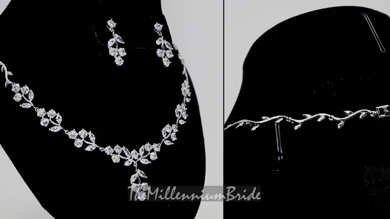 Swarovski Crystal Leaves, Long Bridal Jewelry, Bridal Earrings And Necklace, Crystal Bridal Earrings, Statement Earrings Cz Necklace Set.