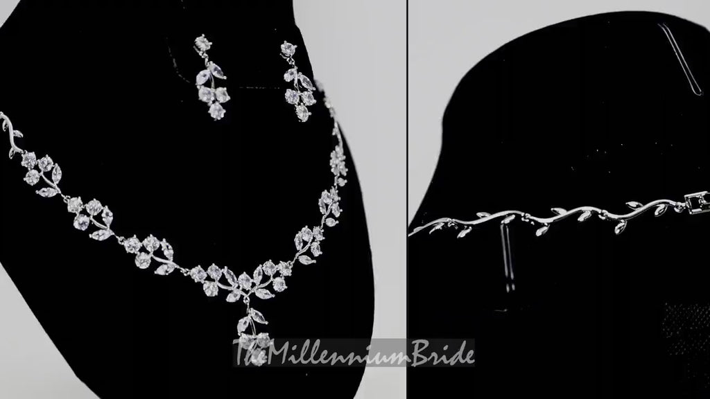 Swarovski Crystal Leaves, Long Bridal Jewelry, Bridal Earrings And Necklace, Crystal Bridal Earrings, Statement Earrings Cz Necklace Set.