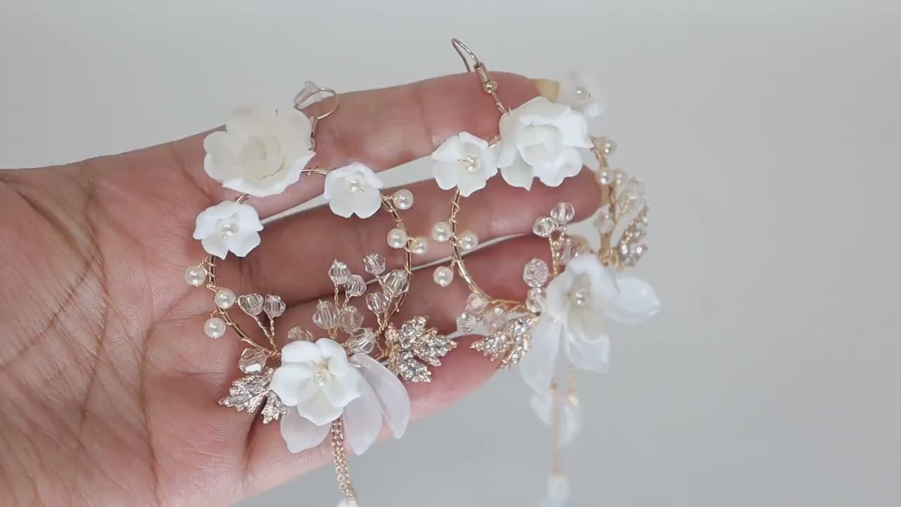 White Floral Vine Chandelier Earrings, Long Bridal Jewelry Bridal Earrings Crystal Bridal Earrings Statement Earrings Cz