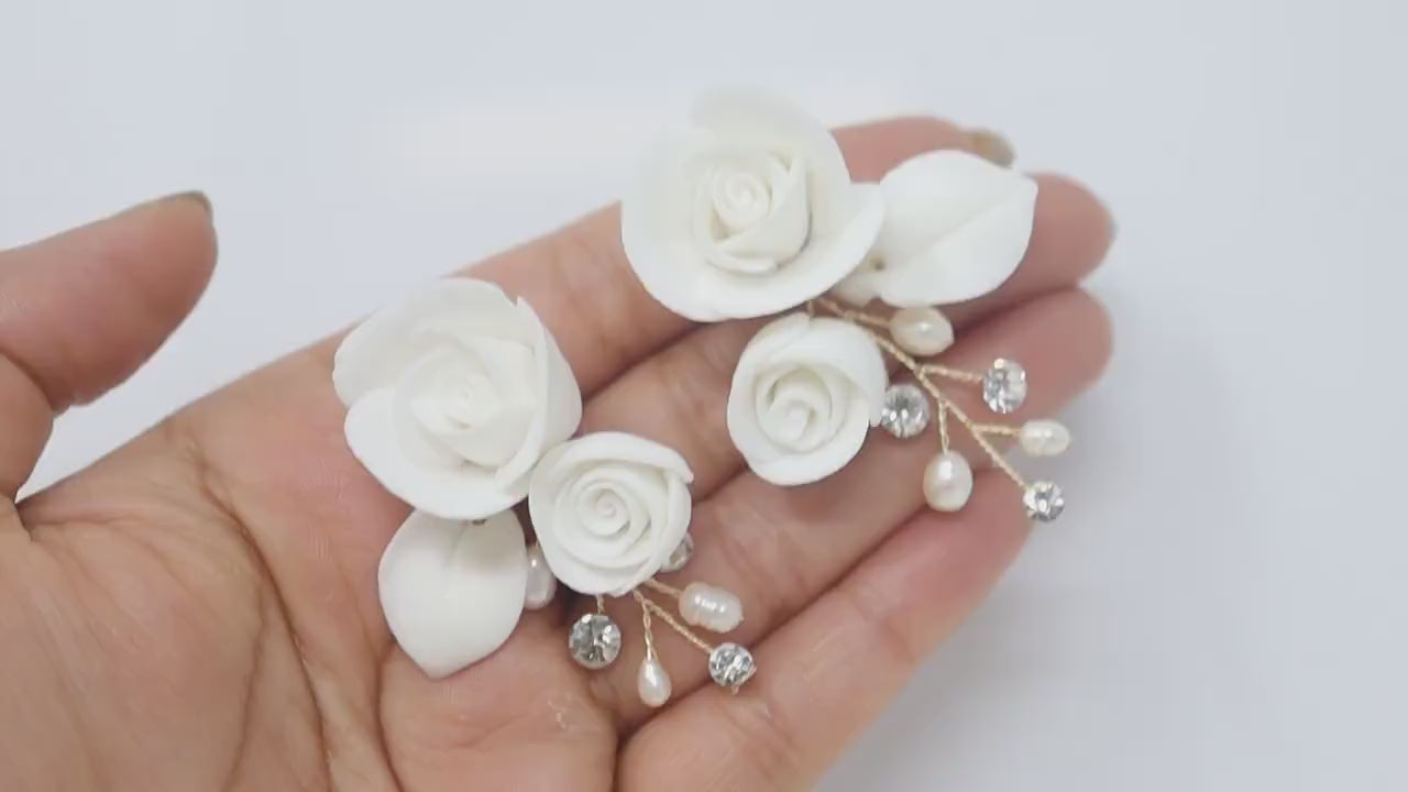 Swarovski Crystal Ceramic White Roses floral Bridal Earring, Bridal Earrings, Dangle earring, Natural Cultured Pearl Earring