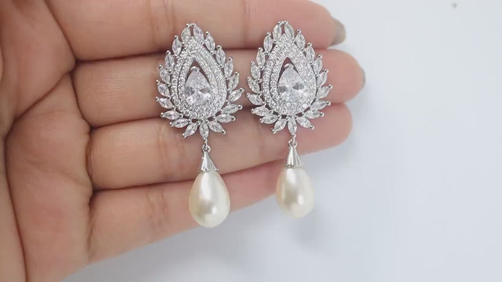 Sparkling Vine Serenade: Swarovski Crystal-Encrusted Pearl Drop Bridal Earrings, Crystal Bridal Earrings, Statement Earrings Cz