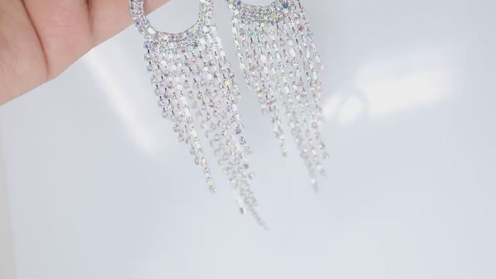 Enchanting Tassel Earrings: Bridal Beauty in Swarovski AB Crystals, Long Tassel Bridal Jewelry Crystal Bridal Earrings Statement earrings Cz
