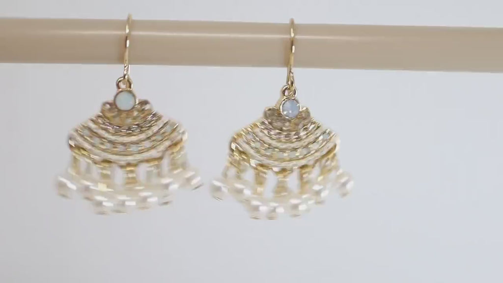 Gold Opal Faux Pearl Drop Boho Bridal Earrings, Crystal Bridal Earrings, Statement Earrings Czrovski Crystal-Encrusted