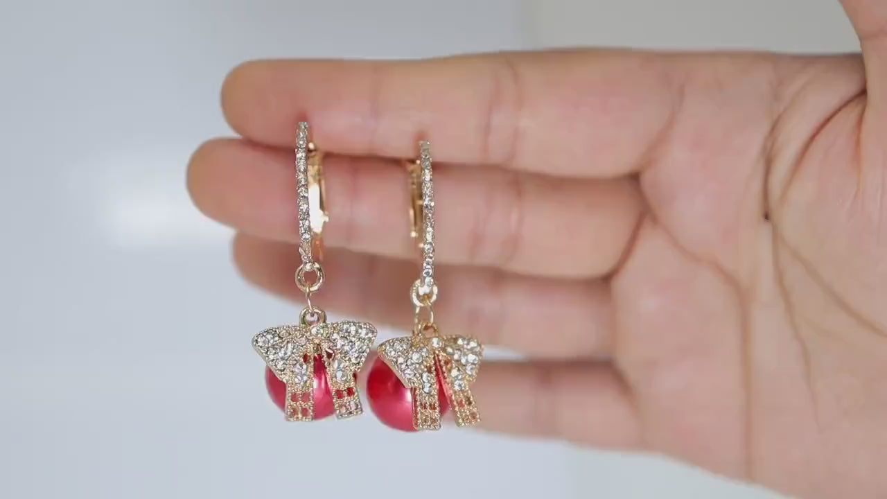 Golden Holiday Bow Red Drop Christmas Themed earrings, Red Gold Christmas Earrings Statement Christmas earrings.