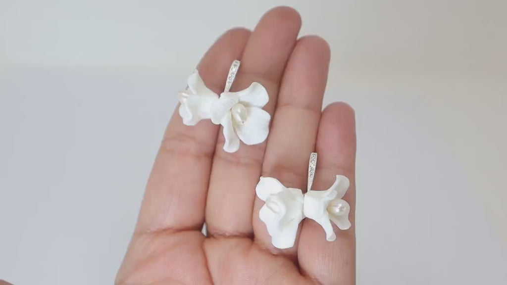 Freshwater Cultured Pearl Ceramic White Two Flower Hook Rhinestone Earrings, Long Bridal Earring, Pearl Bridal Earrings, Statement Earrings.