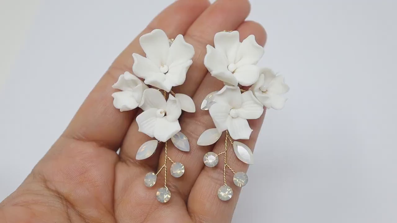 Clip on CZ Opal Ceramic White Flower Sparkling Crystal Long Bridal Jewelry Opal Bridal Earrings Opal Statement Earrings
