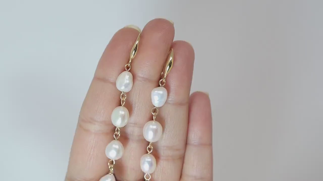 4 Freshwater Cultured pearl Bezel Hook Earrings, Long Bridal Jewelry, Gold Pearl Bridal Earrings, Statement Earrings.