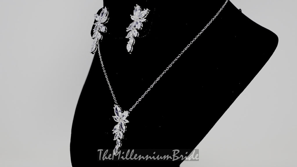 Cubic Zirconia Diamond/ Crystal Leaves, Long Bridal Jewelry, Bridal Earrings And Necklace, Crystal Bridal Earrings, Statement Earrings Cz
