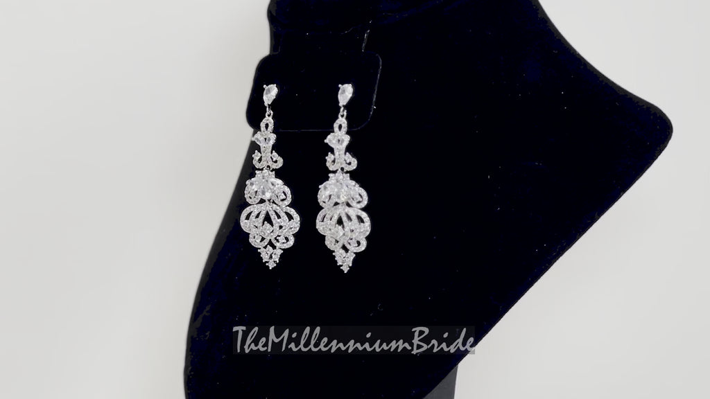 Cubic Zirconia Lovers Chandelier Diamond Drop Crystal, Diamond Earrings, Long Bridal Jewelry, Crystal Bridal Earrings, Statement Earrings