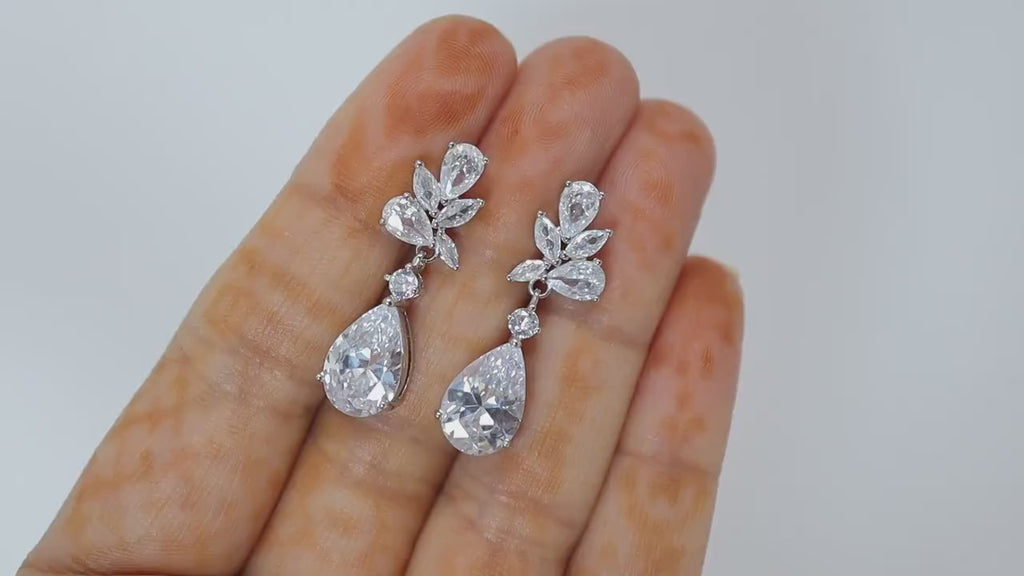 Cubic Zirconia Diamond Leaves TearDrop Earrings, Bridal Jewelry, Bridal Earrings, Crystal Bridal Earrings, Statement Earrings Cz