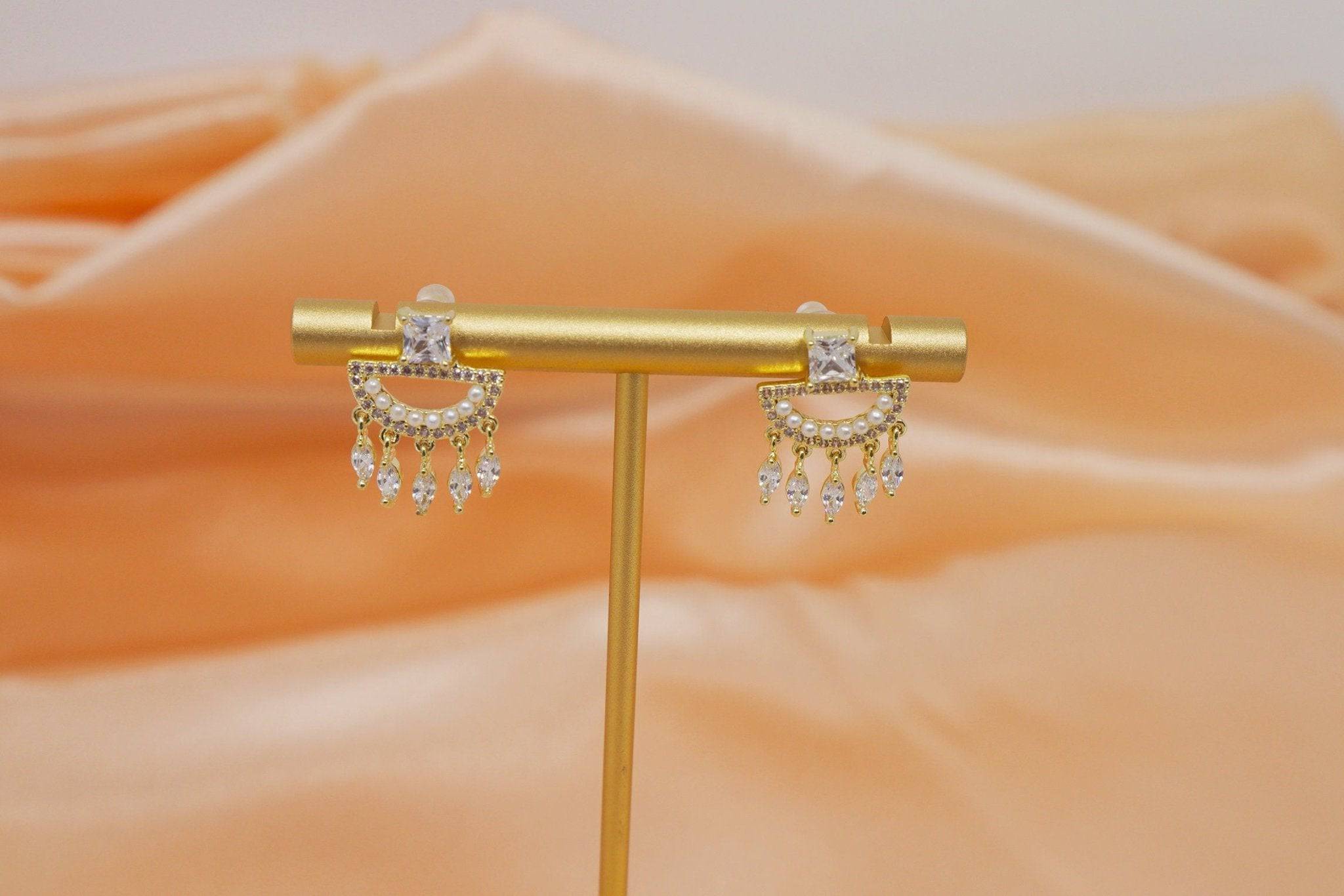 14k Gold Cubic Zirconia Geometric Tassel Stud Bridal Earrings, Statement Earrings, Stud Earrings, Bridal Jewelry, Pearl Earrings