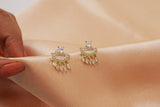 14k Gold Cubic Zirconia Geometric Tassel Stud Bridal Earrings, Statement Earrings, Stud Earrings, Bridal Jewelry, Pearl Earrings