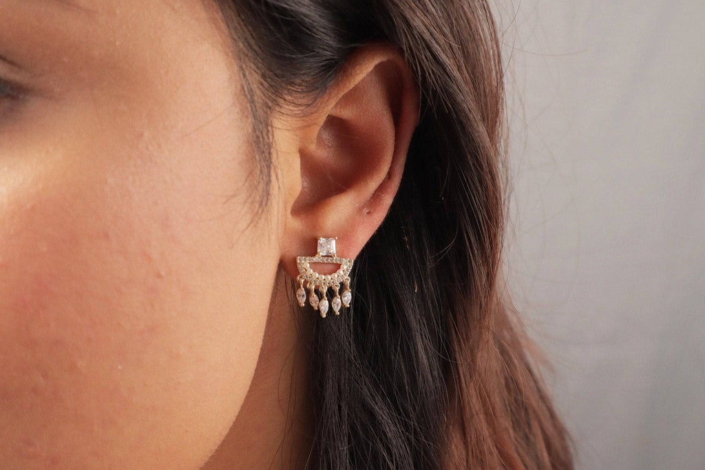 14k Gold Cubic Zirconia Geometric Tassel Stud Bridal Earrings, Statement Earrings, Stud Earrings, Bridal Jewelry, Pearl Earrings