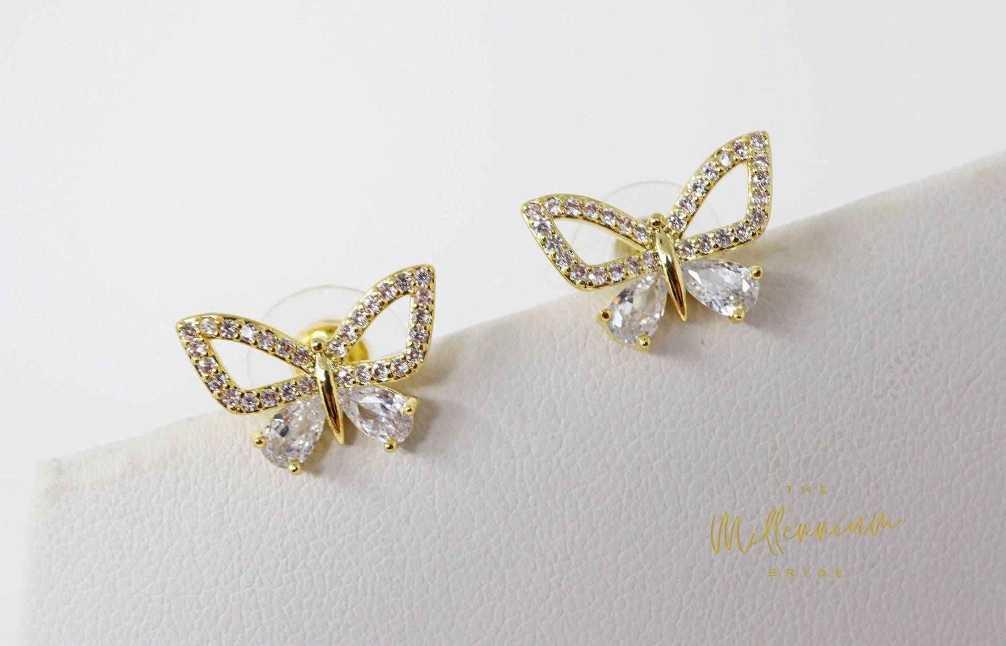14k Gold plated CZ Butterfly Stud Earrings, Dainty Stud, Statement Earrings.