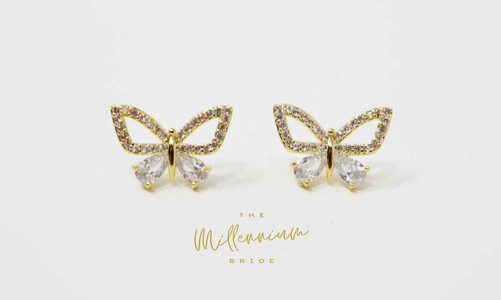 14k Gold plated CZ Butterfly Stud Earrings, Dainty Stud, Statement Earrings.