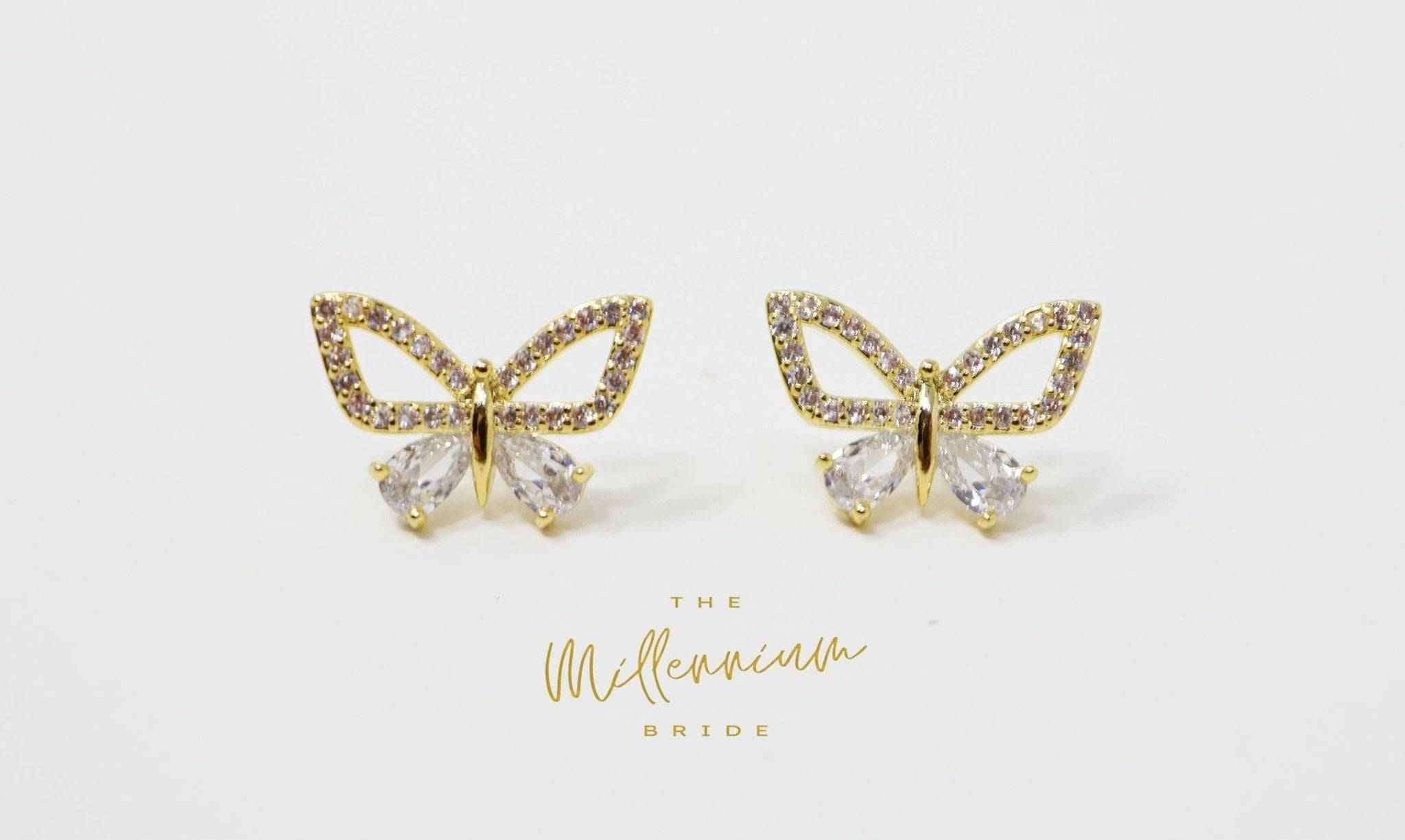 14k Gold plated CZ Butterfly Stud Earrings, Dainty Stud, Statement Earrings.