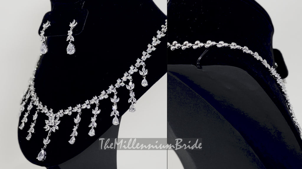 Swarovski Heavenly Floral Leaves Necklace set, Long Bridal Jewelry, Bridal Earrings And Necklace, Statement Earrings Cz Necklace Set.